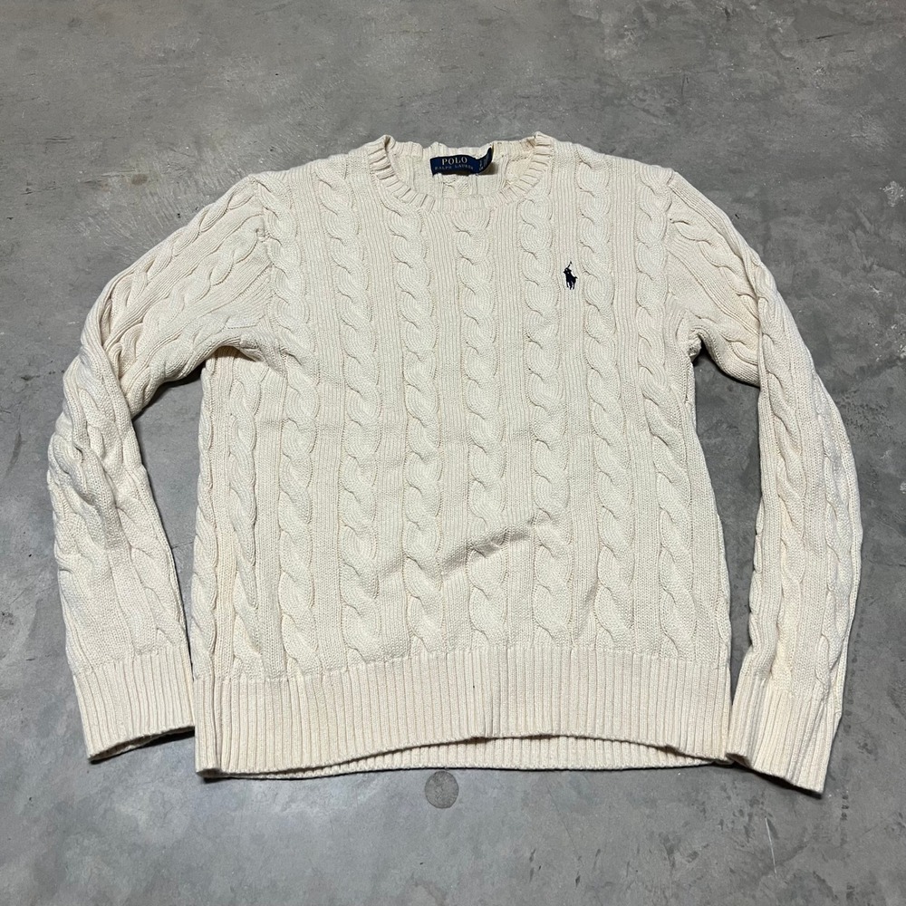 Polo Ralph Lauren Mens Cable Knit Sweater Cream Off White Cotton Small